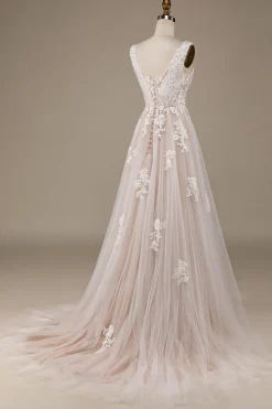 Damasco Tule Varredura Trem Vestido de Noiva com Renda