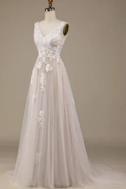 Damasco Tule Varredura Trem Vestido de Noiva com Renda