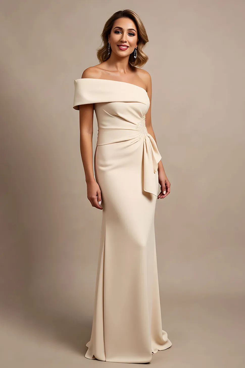 Damasco Um Ombro Ruched Long Satin Mãe do Vestido da Noiva com Missangas