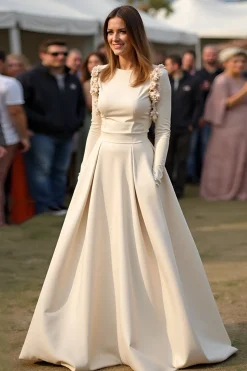 Damasco Uma linha de pescoço redondo Ruched Gala vestido com mangas compridas