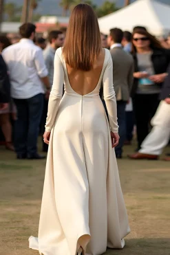 Damasco Uma linha de pescoço redondo Ruched Gala vestido com mangas compridas