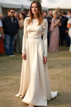 Damasco Uma linha de pescoço redondo Ruched Gala vestido com mangas compridas