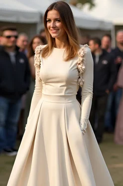 Damasco Uma linha de pescoço redondo Ruched Gala vestido com mangas compridas