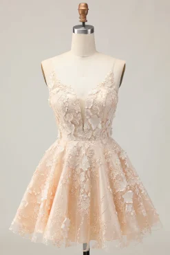 Damasco Uma Linha Esparguete Correias Vestido Curto Homecoming Floral com Apliques