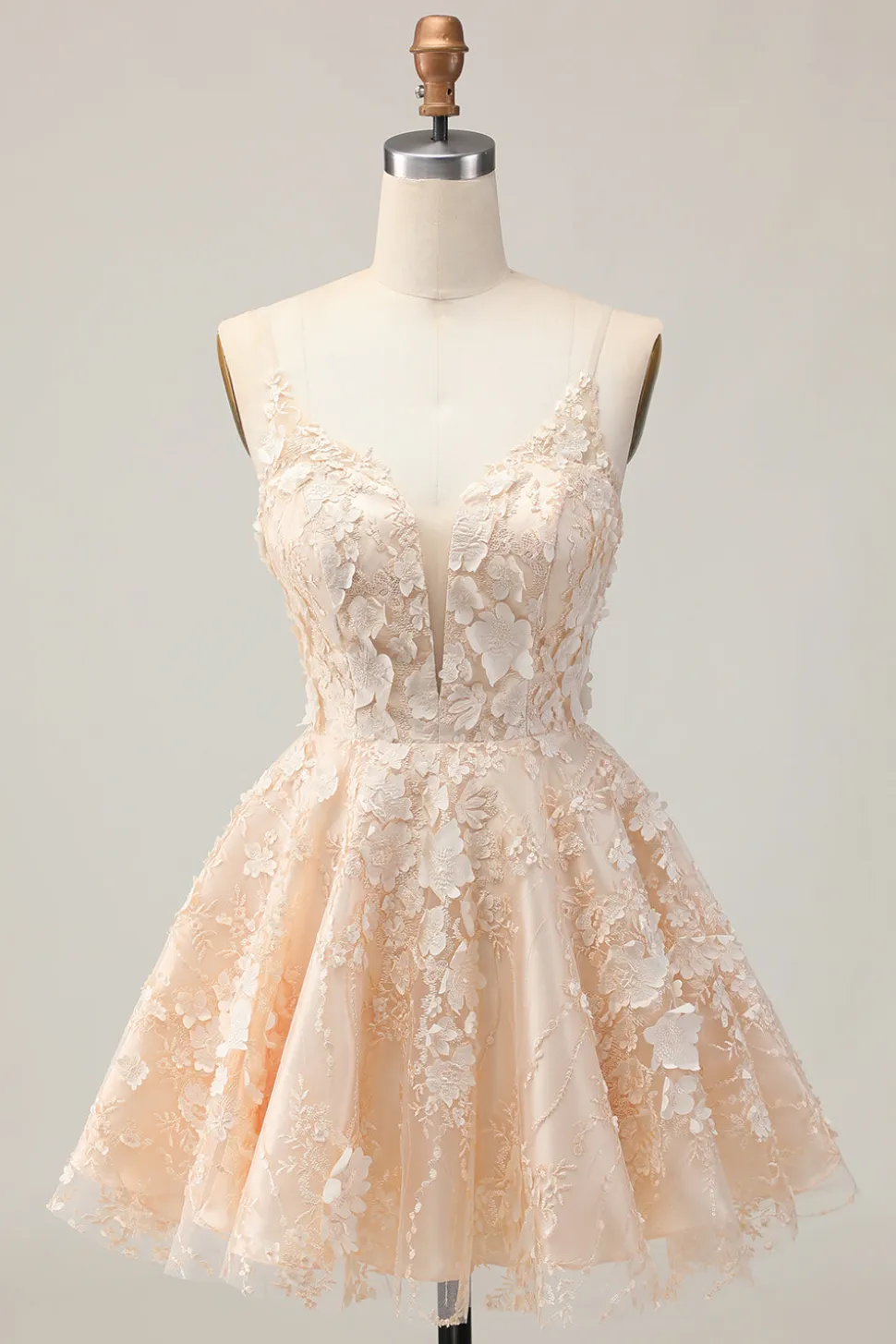 Damasco Uma Linha Esparguete Correias Vestido Curto Homecoming Floral com Apliques