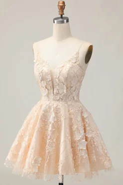 Damasco Uma Linha Esparguete Correias Vestido Curto Homecoming Floral com Apliques