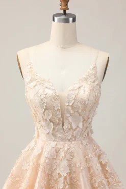 Damasco Uma Linha Esparguete Correias Vestido Curto Homecoming Floral com Apliques