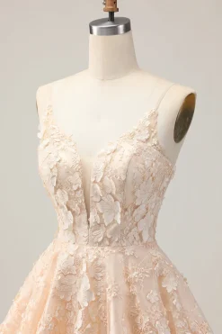 Damasco Uma Linha Esparguete Correias Vestido Curto Homecoming Floral com Apliques
