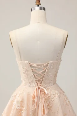 Damasco Uma Linha Esparguete Correias Vestido Curto Homecoming Floral com Apliques