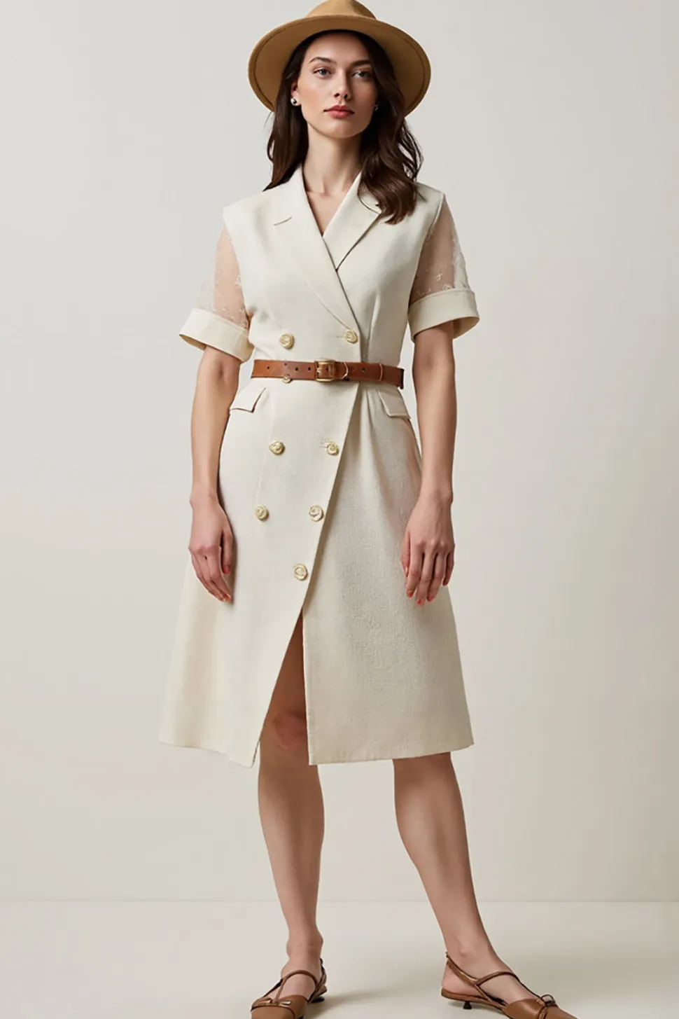 Damasco Uma Linha Notched Lapela Midi Vestido de Trabalho com Cinto