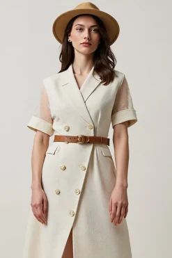 Damasco Uma Linha Notched Lapela Midi Vestido de Trabalho com Cinto