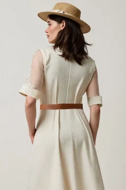 Damasco Uma Linha Notched Lapela Midi Vestido de Trabalho com Cinto
