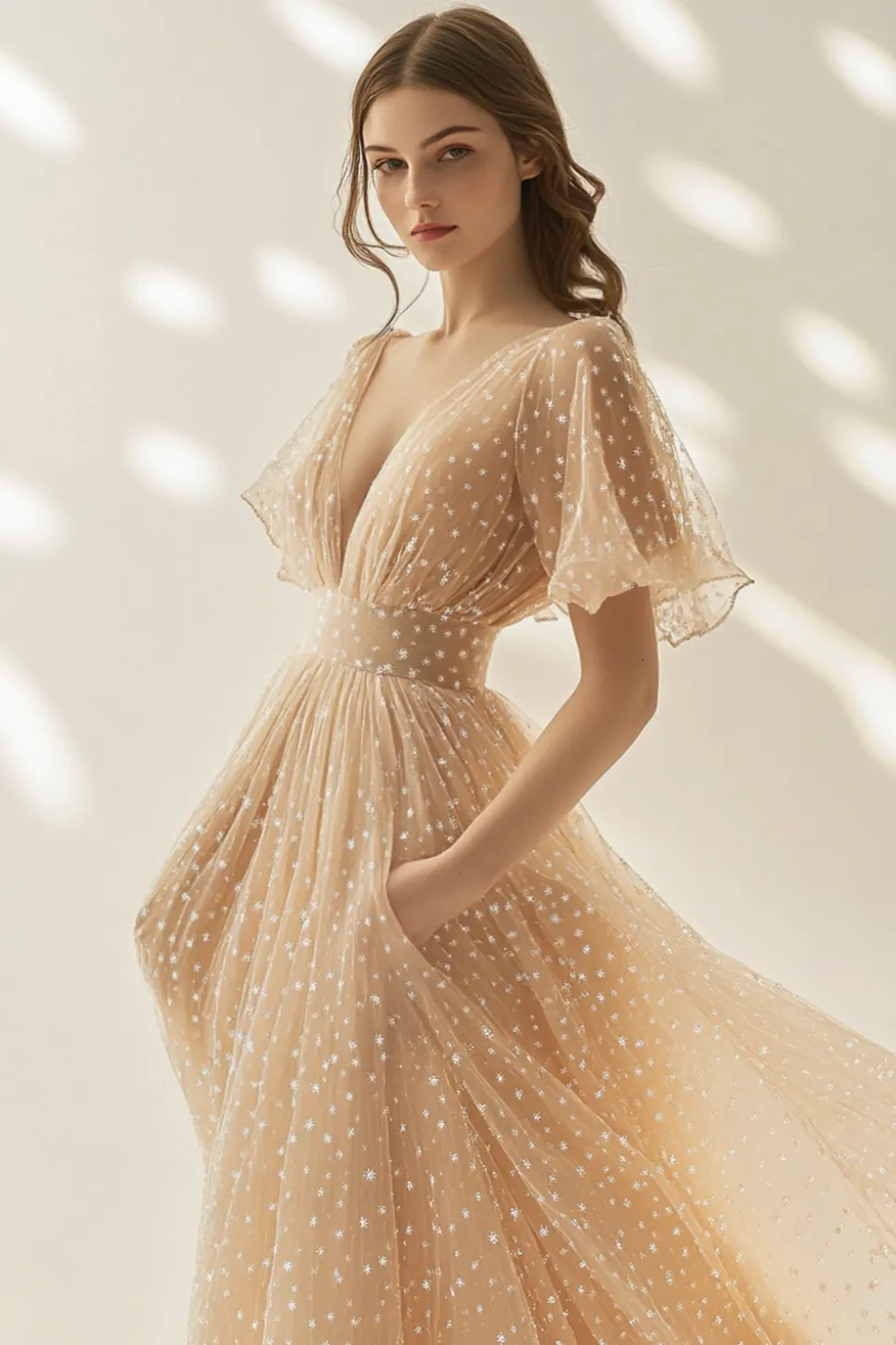 Damasco Uma Linha V Pescoço Tule Vestido Formal Longo
