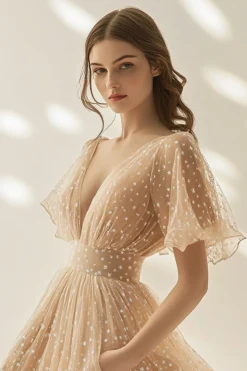 Damasco Uma Linha V Pescoço Tule Vestido Formal Longo