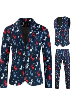 Dark Blue Elk Print 3-Pieces Homens Ternos de Natal