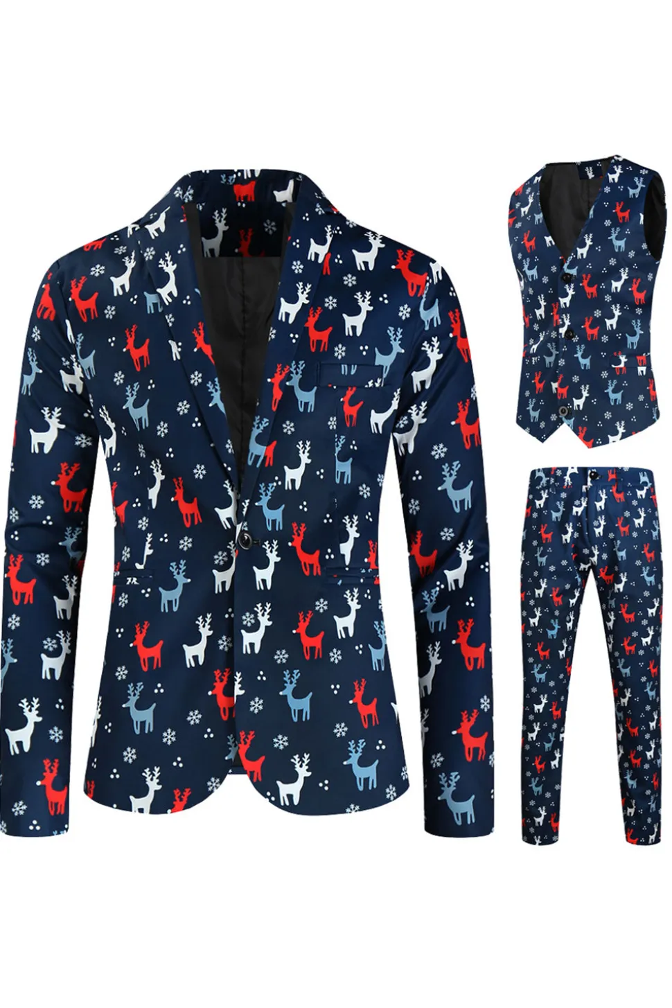 Dark Blue Elk Print 3-Pieces Homens Ternos de Natal