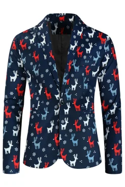 Dark Blue Elk Print 3-Pieces Homens Ternos de Natal