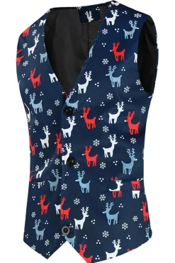 Dark Blue Elk Print 3-Pieces Homens Ternos de Natal