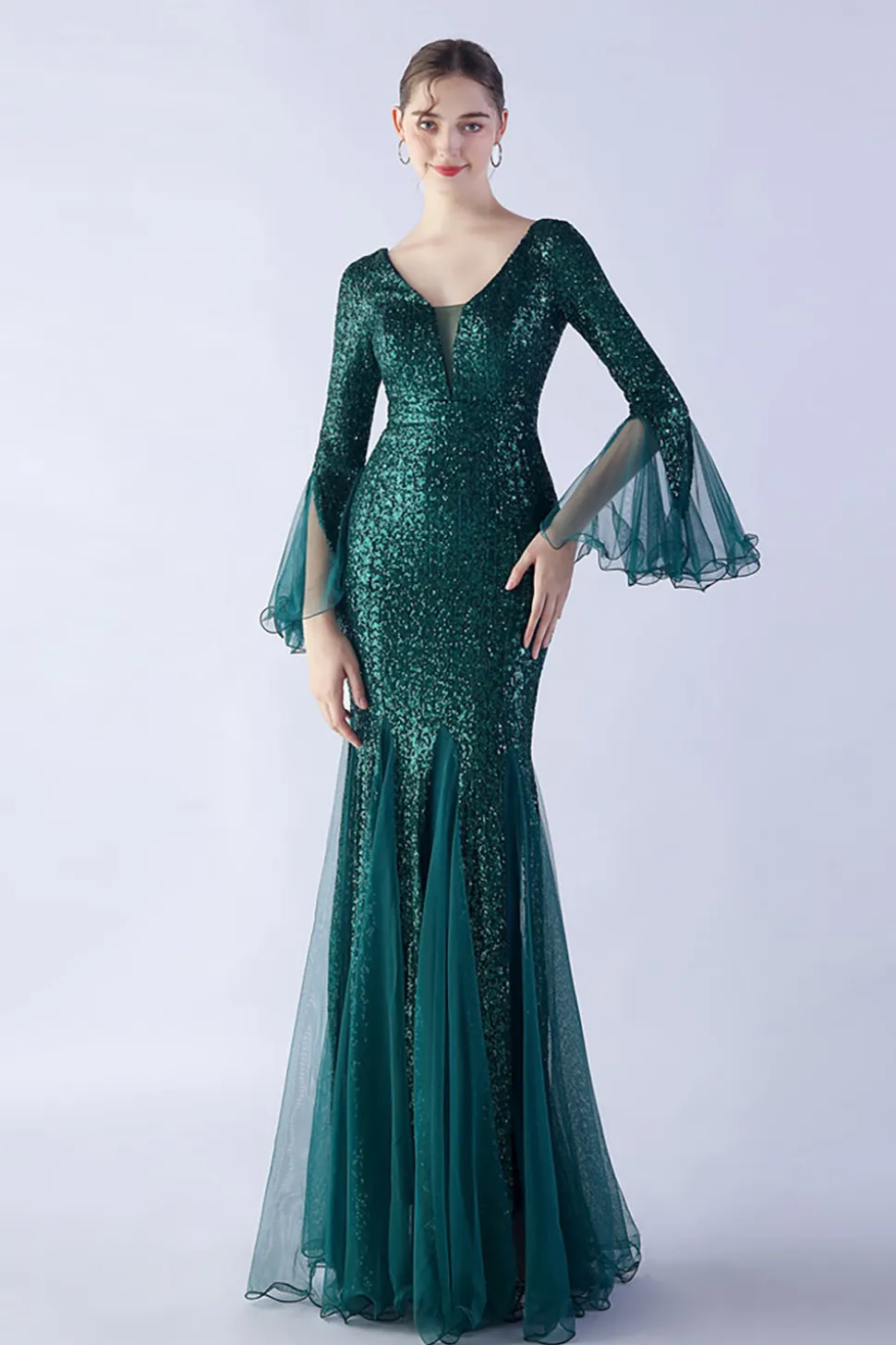 Dark Green Sequin Sequin V-neck mangas longas vestido formal sereia