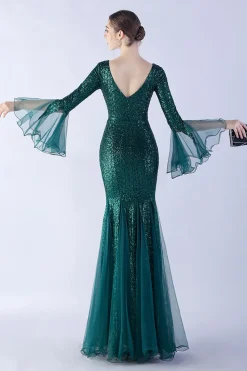Dark Green Sequin Sequin V-neck mangas longas vestido formal sereia