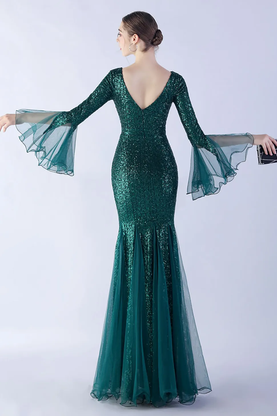 Dark Green Sequin Sequin V-neck mangas longas vestido formal sereia