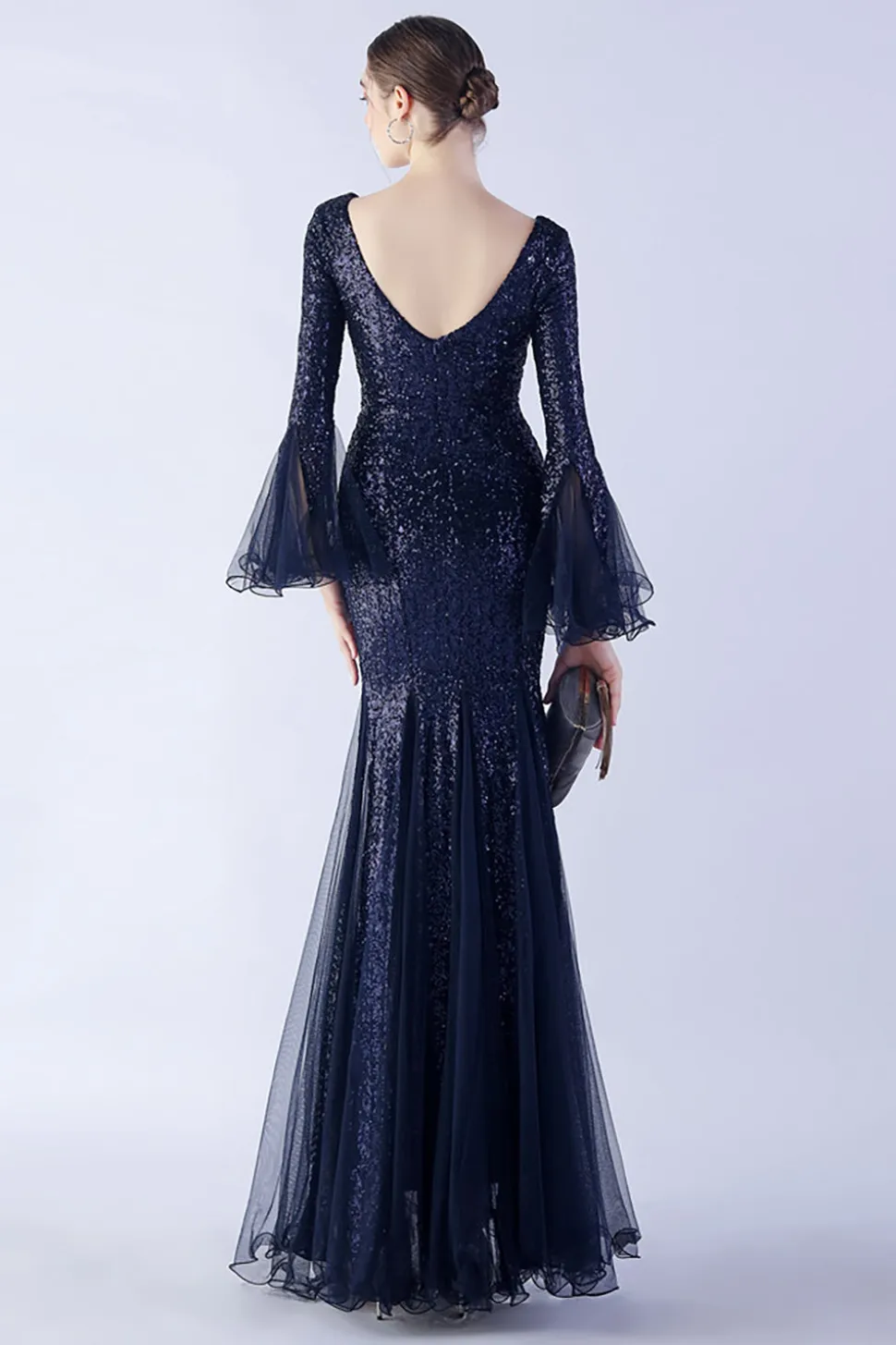 Dark Green Sequin Sequin V-neck mangas longas vestido formal sereia