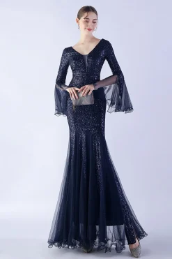 Dark Green Sequin Sequin V-neck mangas longas vestido formal sereia