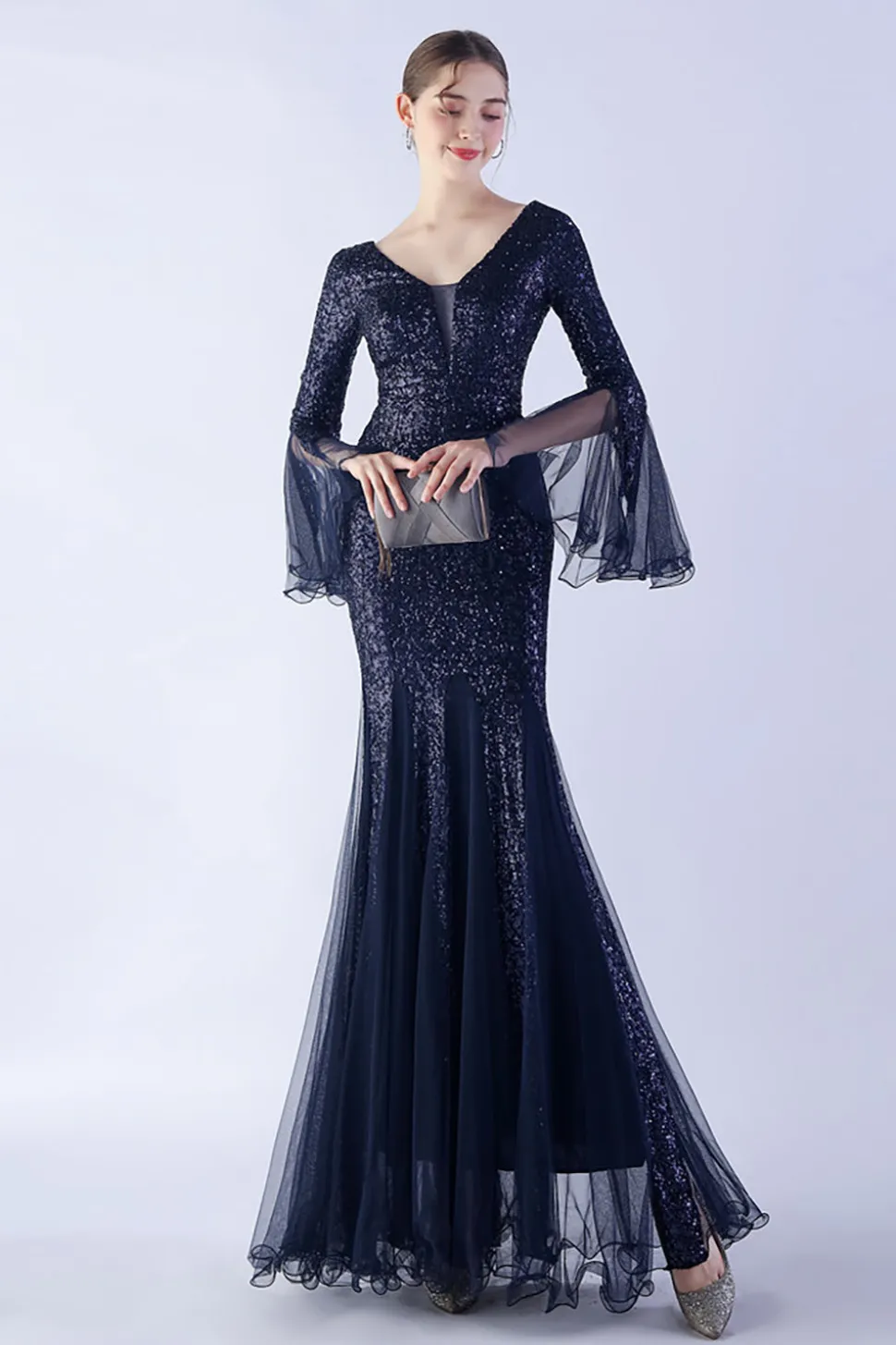 Dark Green Sequin Sequin V-neck mangas longas vestido formal sereia