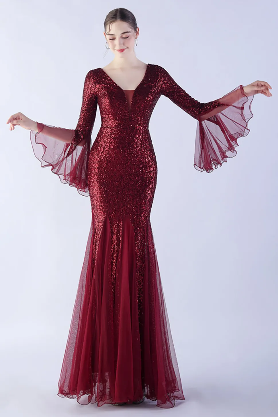 Dark Green Sequin Sequin V-neck mangas longas vestido formal sereia