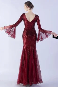Dark Green Sequin Sequin V-neck mangas longas vestido formal sereia
