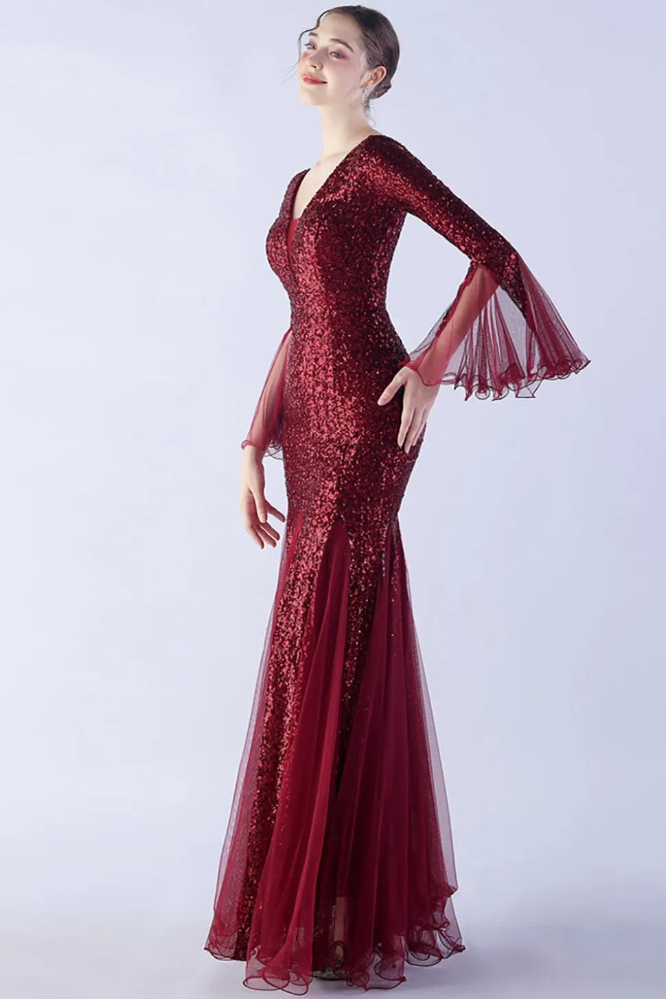 Dark Green Sequin Sequin V-neck mangas longas vestido formal sereia