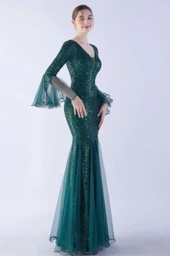 Dark Green Sequin Sequin V-neck mangas longas vestido formal sereia