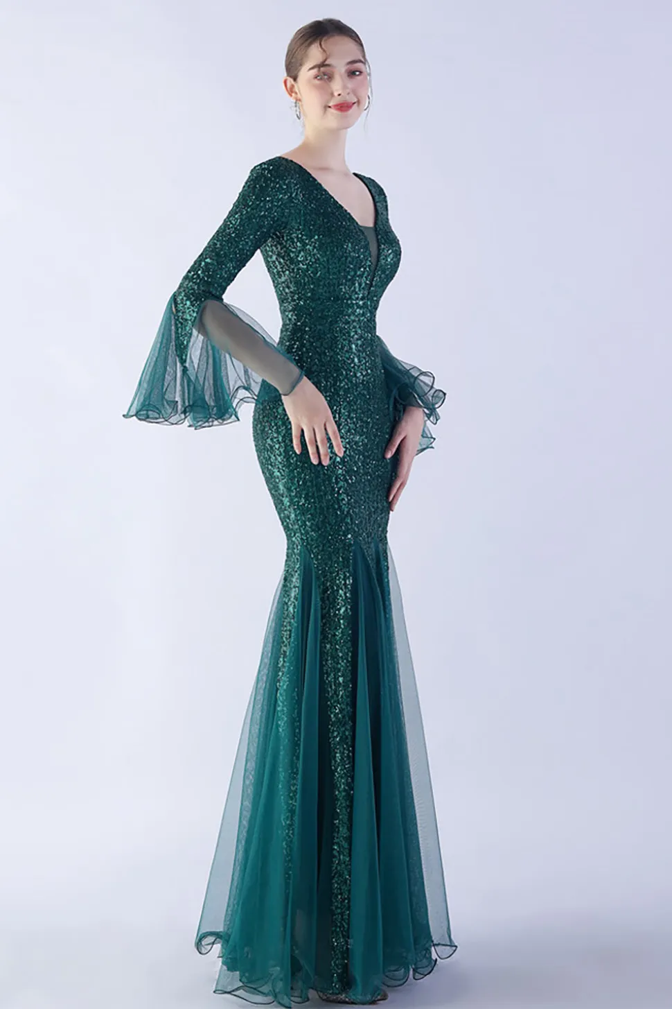Dark Green Sequin Sequin V-neck mangas longas vestido formal sereia