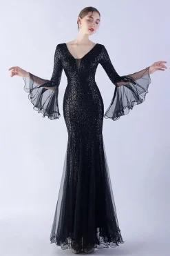 Dark Green Sequin Sequin V-neck mangas longas vestido formal sereia