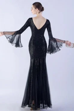 Dark Green Sequin Sequin V-neck mangas longas vestido formal sereia