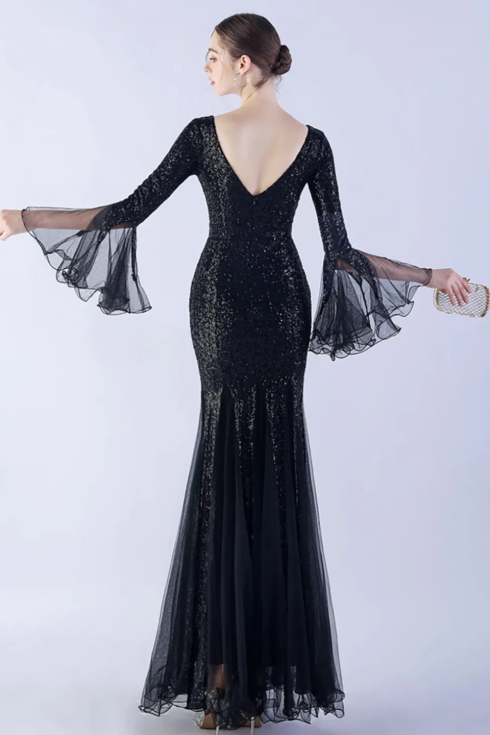 Dark Green Sequin Sequin V-neck mangas longas vestido formal sereia