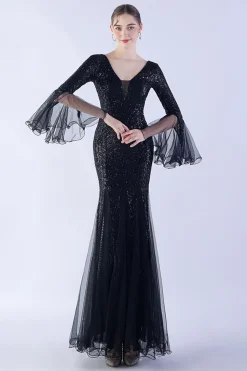 Dark Green Sequin Sequin V-neck mangas longas vestido formal sereia