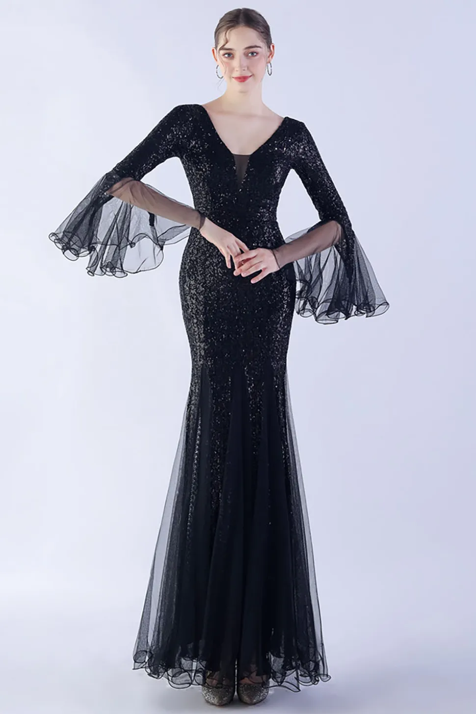 Dark Green Sequin Sequin V-neck mangas longas vestido formal sereia