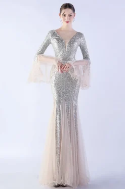 Dark Green Sequin Sequin V-neck mangas longas vestido formal sereia