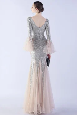 Dark Green Sequin Sequin V-neck mangas longas vestido formal sereia