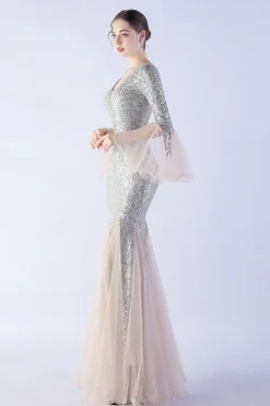 Dark Green Sequin Sequin V-neck mangas longas vestido formal sereia