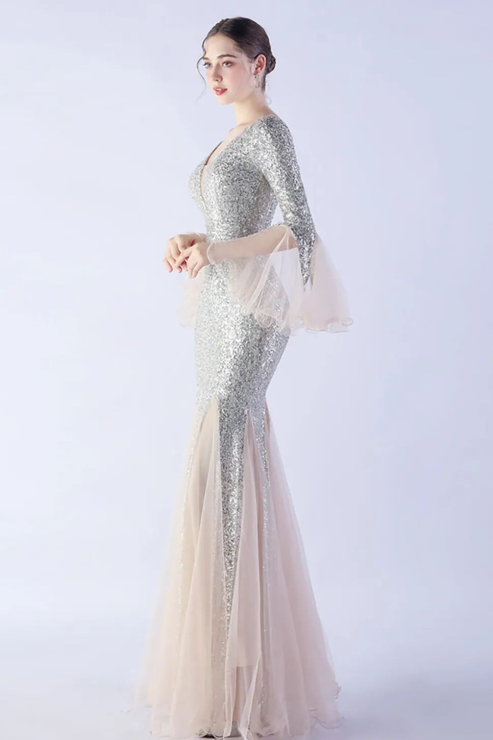 Dark Green Sequin Sequin V-neck mangas longas vestido formal sereia