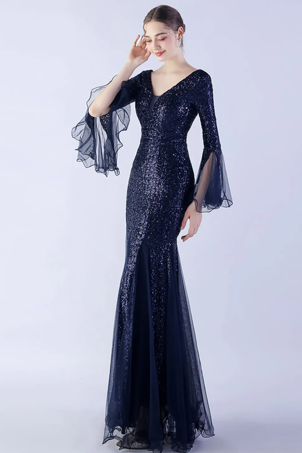 Dark Green Sequin Sequin V-neck mangas longas vestido formal sereia