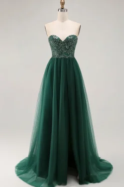 Dark Green Sequin Strapless Uma Linha Long Prom Dress