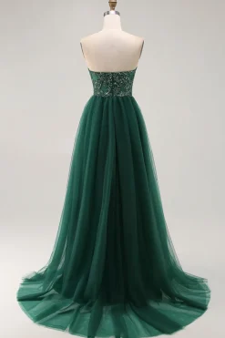 Dark Green Sequin Strapless Uma Linha Long Prom Dress