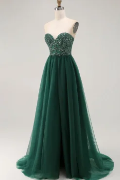Dark Green Sequin Strapless Uma Linha Long Prom Dress