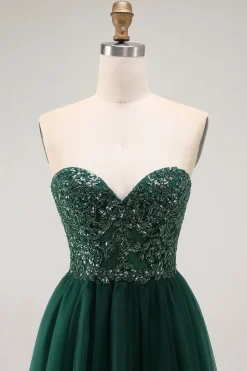 Dark Green Sequin Strapless Uma Linha Long Prom Dress