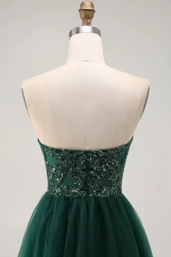 Dark Green Sequin Strapless Uma Linha Long Prom Dress