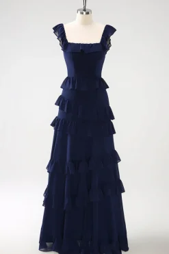 Dark Navy A-Line Tiered Chiffon Vestido de Dama de Honra Longo