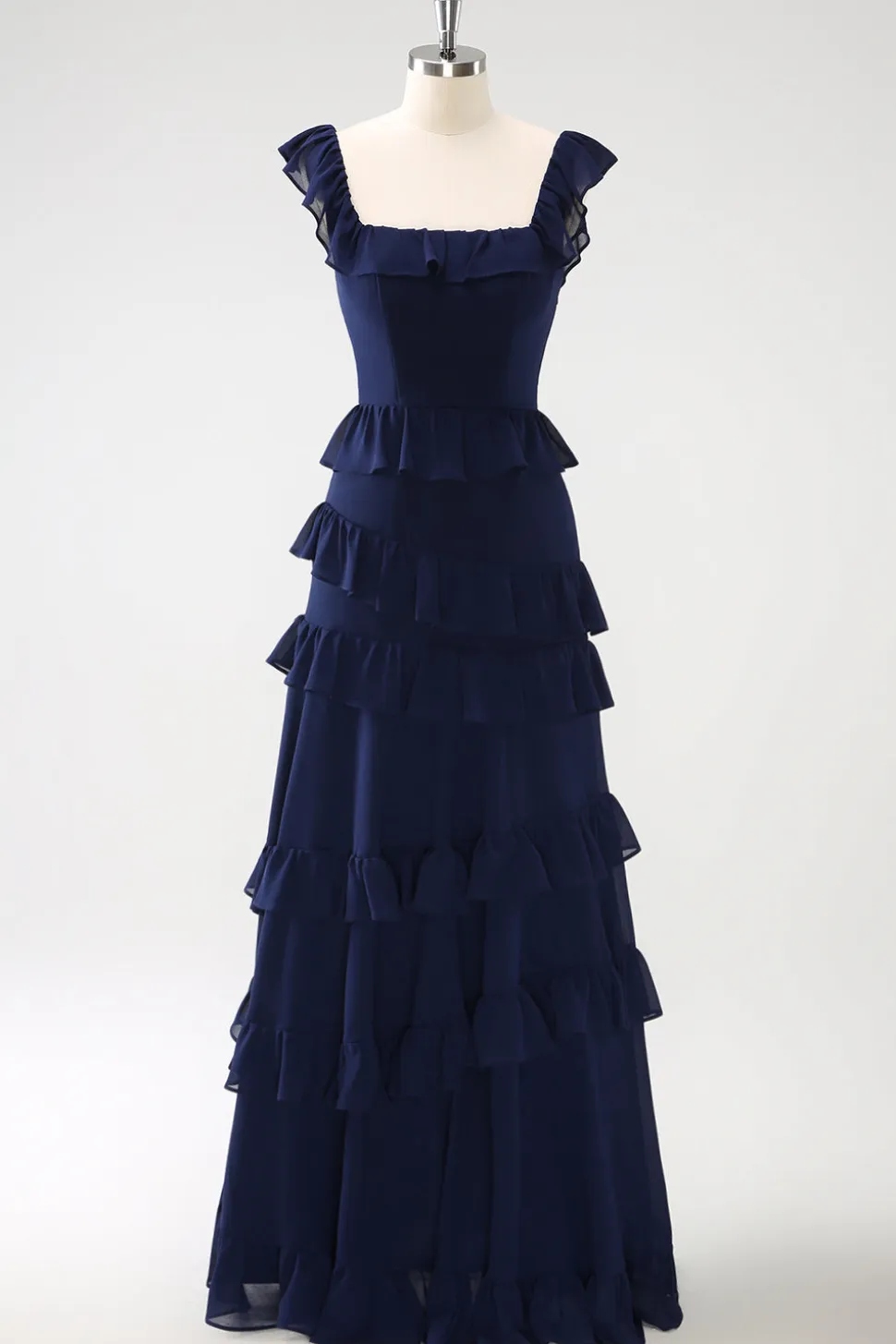 Dark Navy A-Line Tiered Chiffon Vestido de Dama de Honra Longo